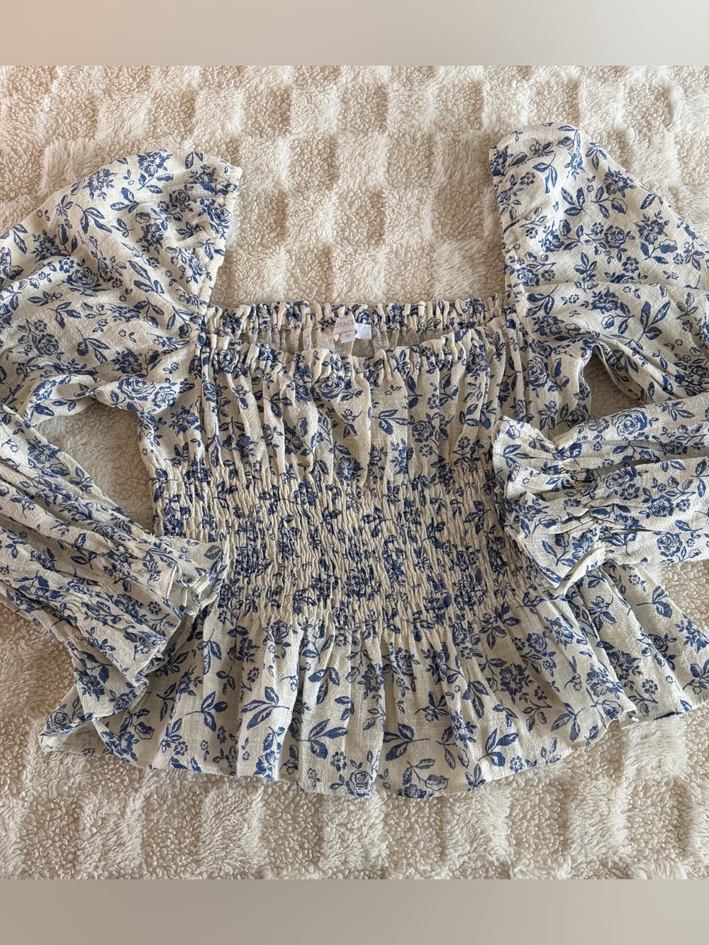 Olivaceous Cream Top with Blue Floral Print